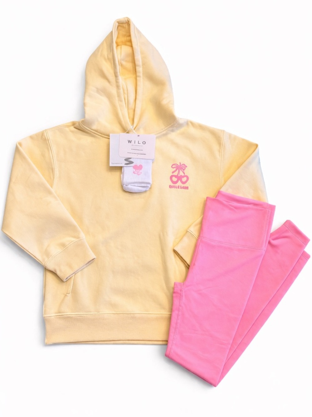 Wilo The Label Love Club Hoodie, Leggings, and Socks Set Yellow Pink S NWT